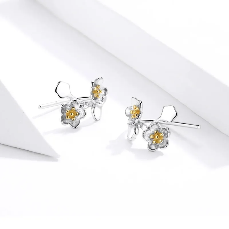 (image for) Pandora Style Silver Stud Earrings, Bicolor Sakura - SCE778 - View 3