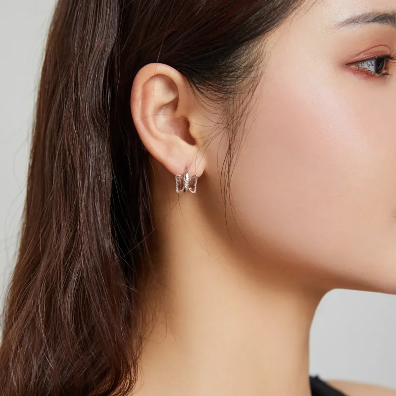 (image for) Pandora Style Silver Stud Earrings, Butterflies - SCE1105 - View 7