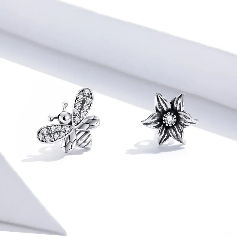 (image for) Pandora Style Silver Stud Earrings, Butterfly and Flower - SCE884 - View 2