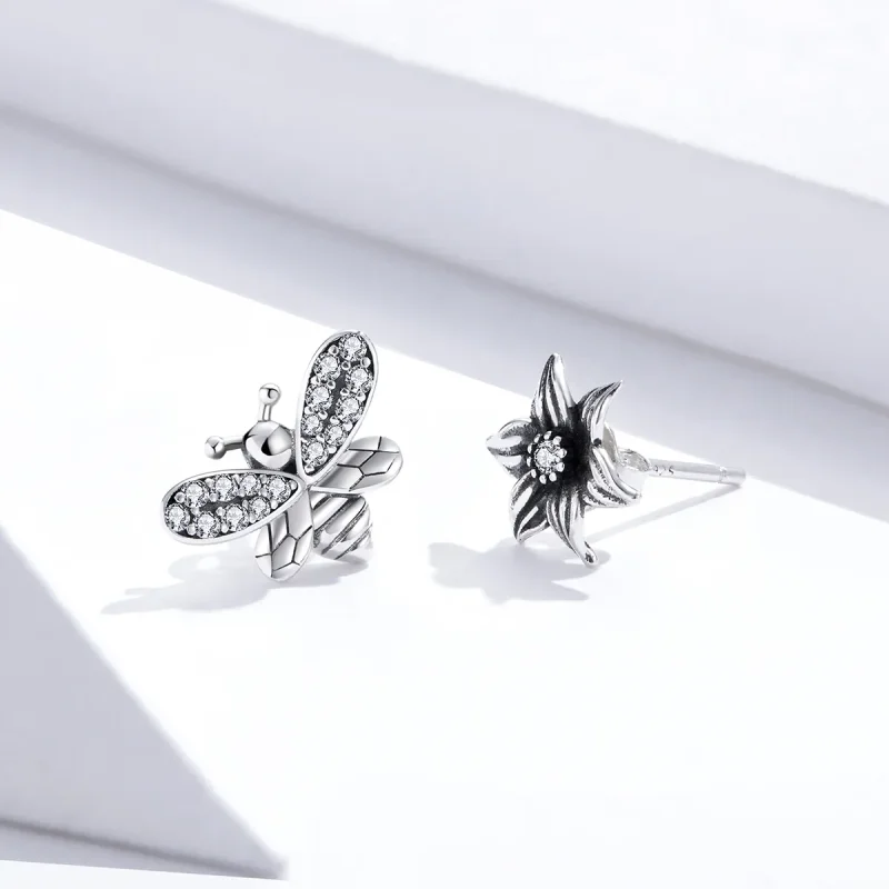 (image for) Pandora Style Silver Stud Earrings, Butterfly and Flower - SCE884 - View 3