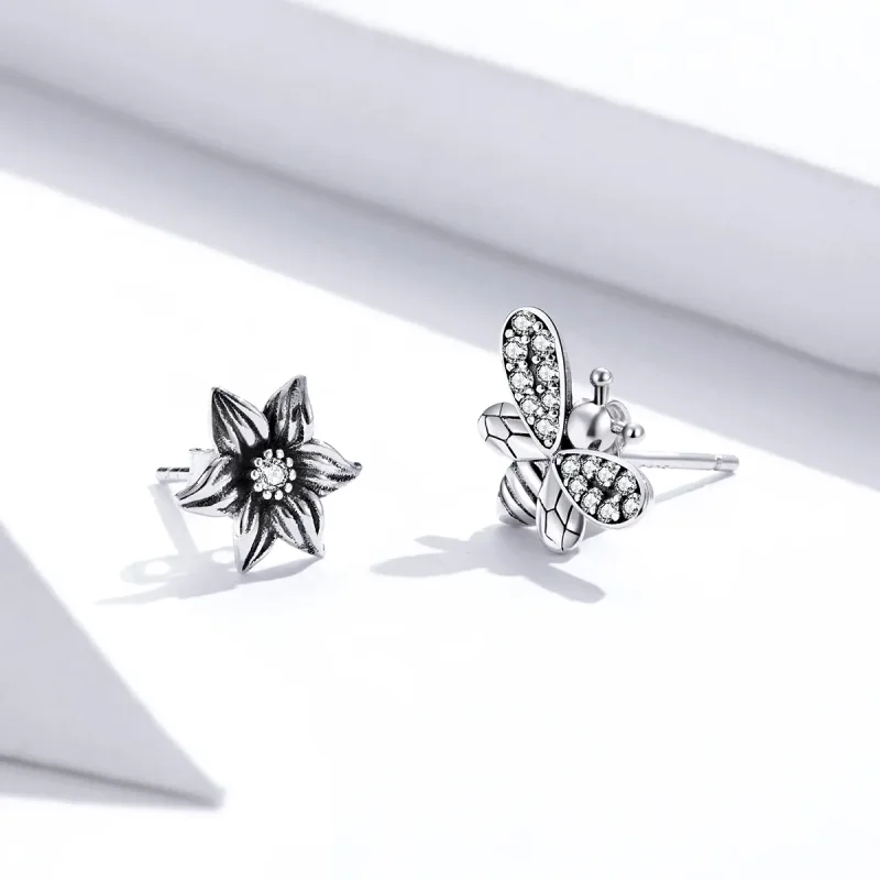 (image for) Pandora Style Silver Stud Earrings, Butterfly and Flower - SCE884 - View 4