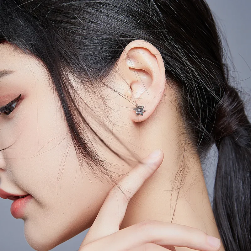 (image for) Pandora Style Silver Stud Earrings, Butterfly and Flower - SCE884 - View 6