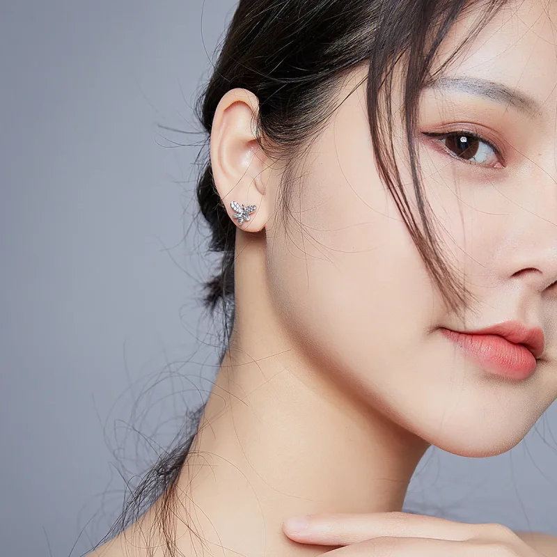 (image for) Pandora Style Silver Stud Earrings, Butterfly and Flower - SCE884 - View 7