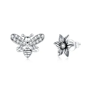 (image for) Pandora Style Silver Stud Earrings, Butterfly and Flower - SCE884