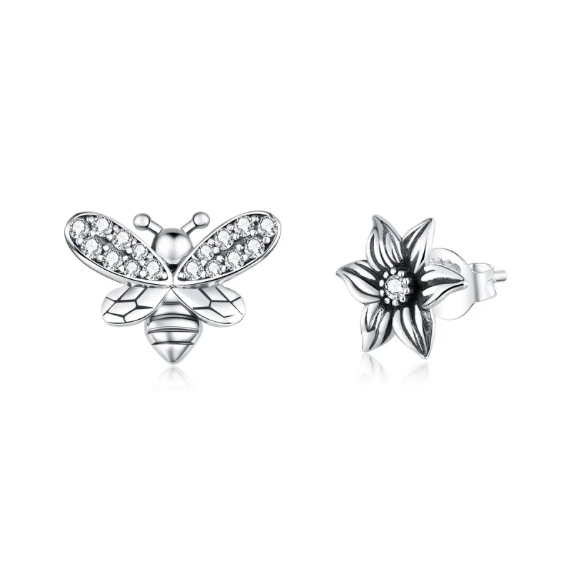 (image for) Pandora Style Silver Stud Earrings, Butterfly and Flower - SCE884 - Product Image