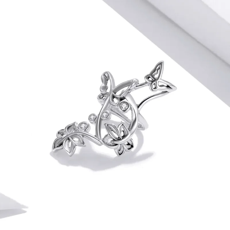 (image for) Pandora Style Silver Stud Earrings, Butterfly and Vine - SCE1158 - View 2