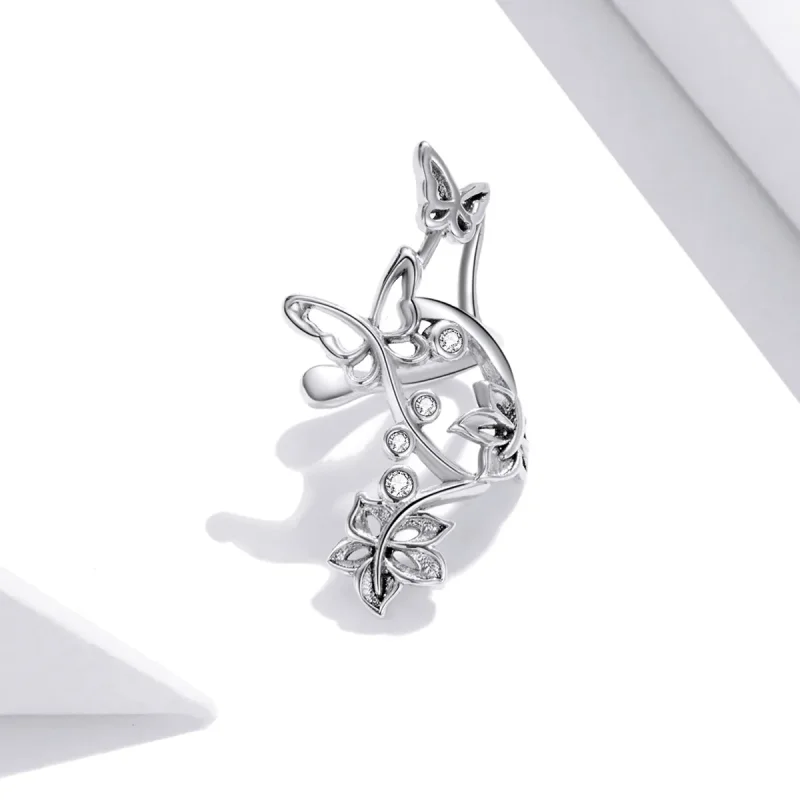 (image for) Pandora Style Silver Stud Earrings, Butterfly and Vine - SCE1158 - View 3