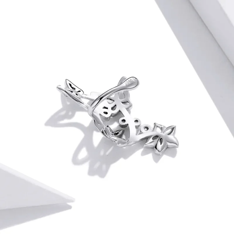 (image for) Pandora Style Silver Stud Earrings, Butterfly and Vine - SCE1158 - View 4
