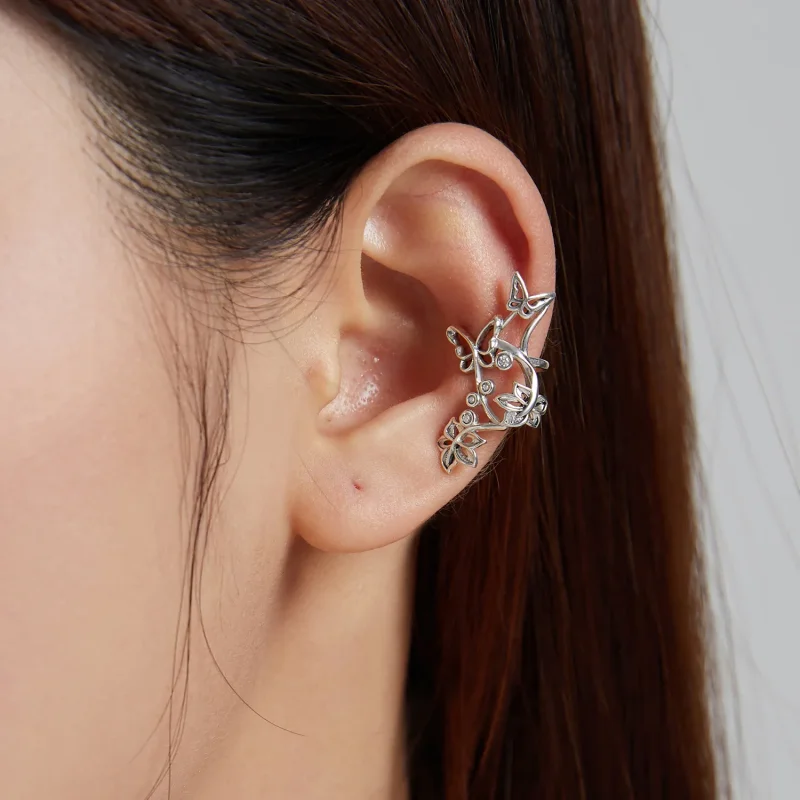 (image for) Pandora Style Silver Stud Earrings, Butterfly and Vine - SCE1158 - View 5