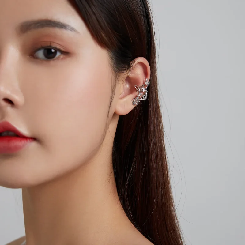 (image for) Pandora Style Silver Stud Earrings, Butterfly and Vine - SCE1158 - View 6