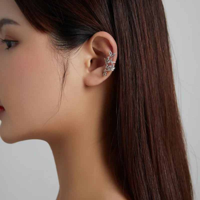 (image for) Pandora Style Silver Stud Earrings, Butterfly and Vine - SCE1158 - View 7