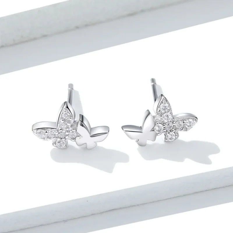 (image for) Pandora Style Silver Stud Earrings, Butterfly - BSE236 - View 2