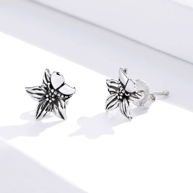 (image for) Pandora Style Silver Stud Earrings, Butterfly Love Flowers - SCE887 - View 2