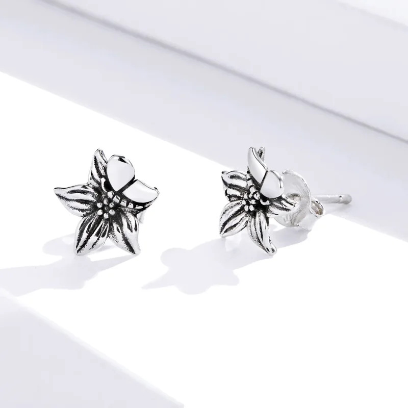 (image for) Pandora Style Silver Stud Earrings, Butterfly Love Flowers - SCE887 - View 3