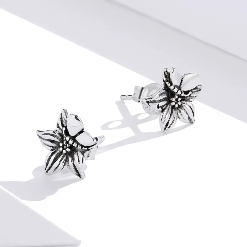(image for) Pandora Style Silver Stud Earrings, Butterfly Love Flowers - SCE887 - View 4