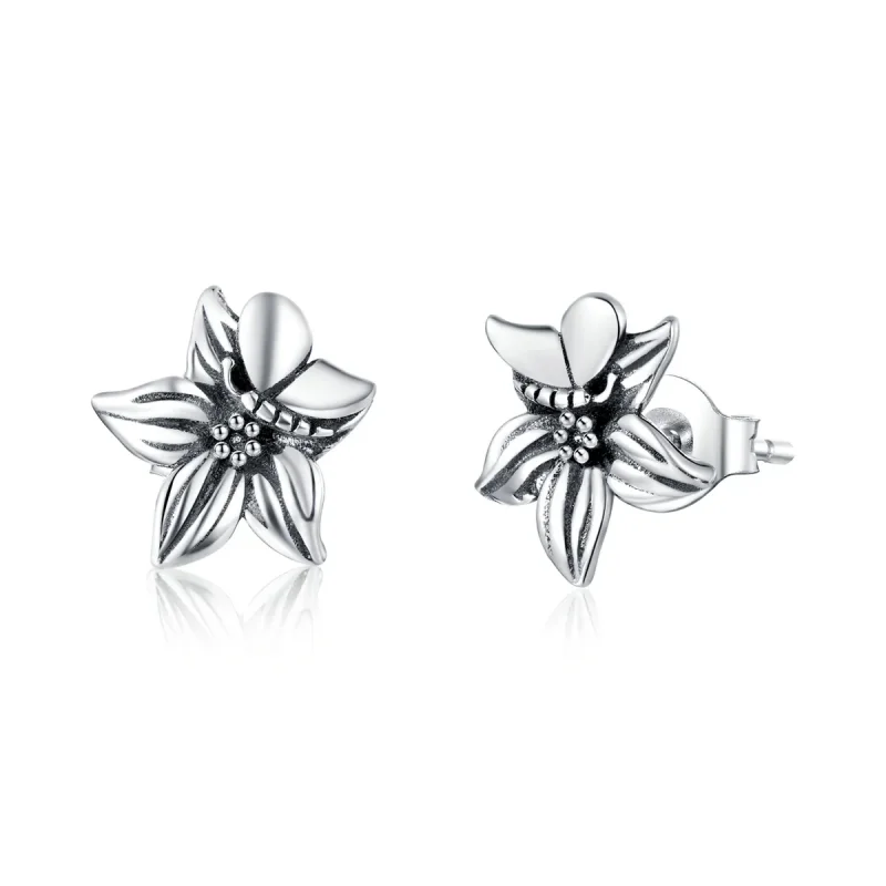 (image for) Pandora Style Silver Stud Earrings, Butterfly Love Flowers - SCE887 - Product Image