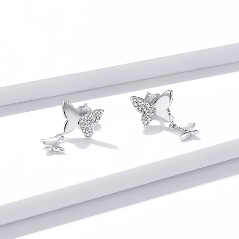 (image for) Pandora Style Silver Stud Earrings, Butterfly Love - SCE1017 - View 2