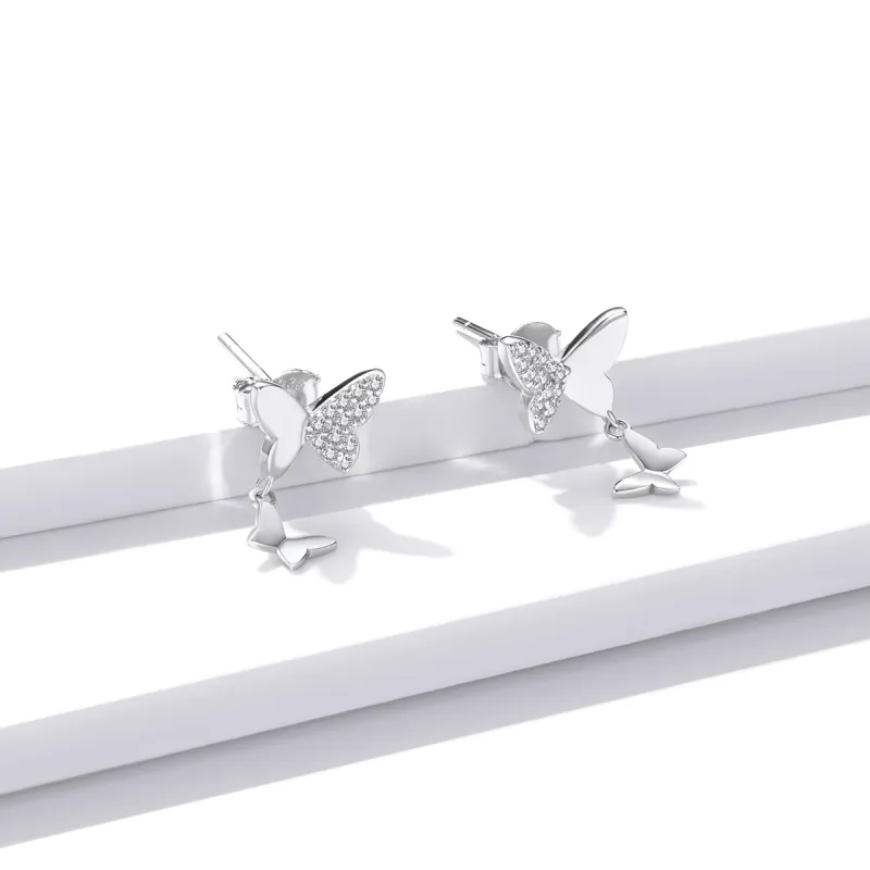 (image for) Pandora Style Silver Stud Earrings, Butterfly Love - SCE1017 - View 3