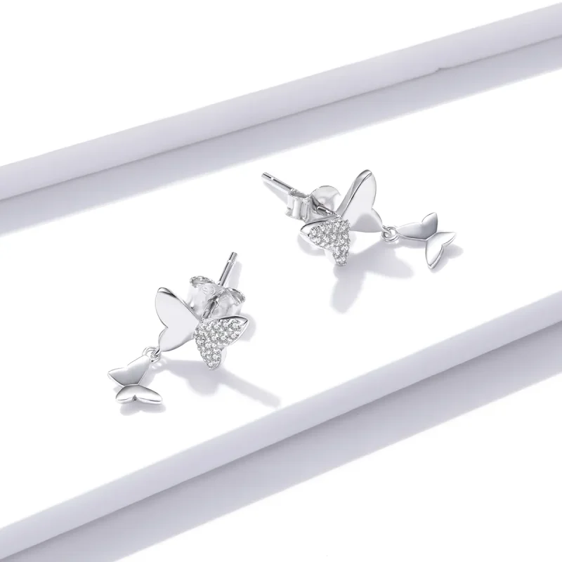 (image for) Pandora Style Silver Stud Earrings, Butterfly Love - SCE1017 - View 4