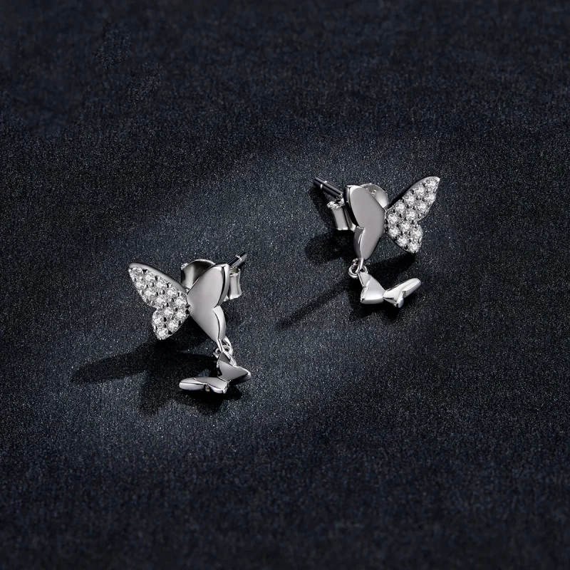(image for) Pandora Style Silver Stud Earrings, Butterfly Love - SCE1017 - View 5