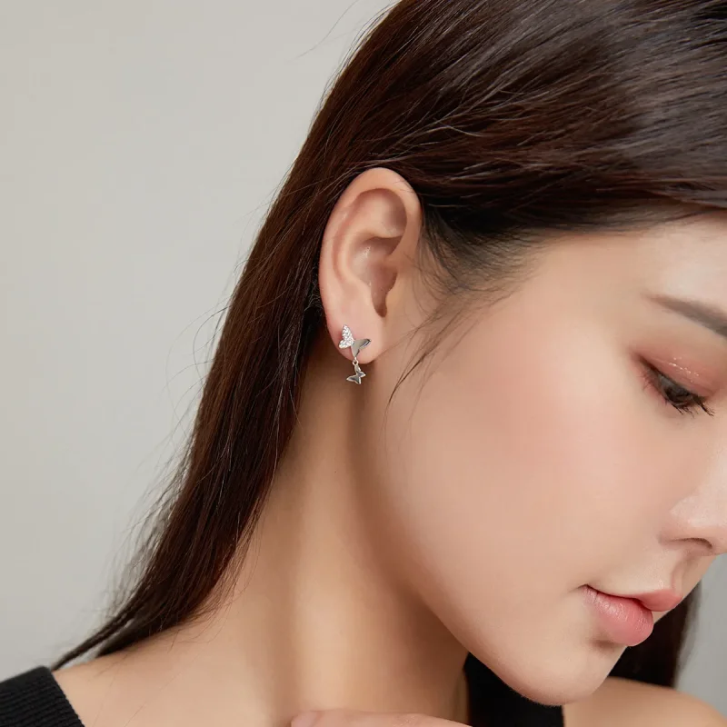 (image for) Pandora Style Silver Stud Earrings, Butterfly Love - SCE1017 - View 7