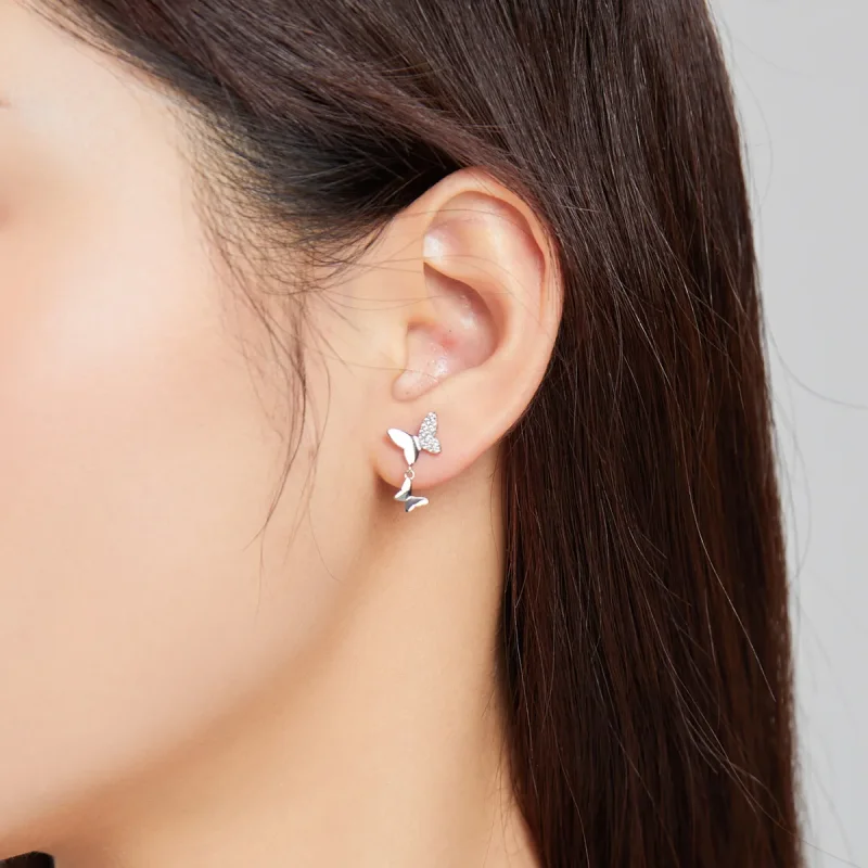 (image for) Pandora Style Silver Stud Earrings, Butterfly Love - SCE1017 - View 8