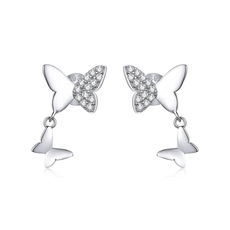 (image for) Pandora Style Silver Stud Earrings, Butterfly Love - SCE1017 - Product Image