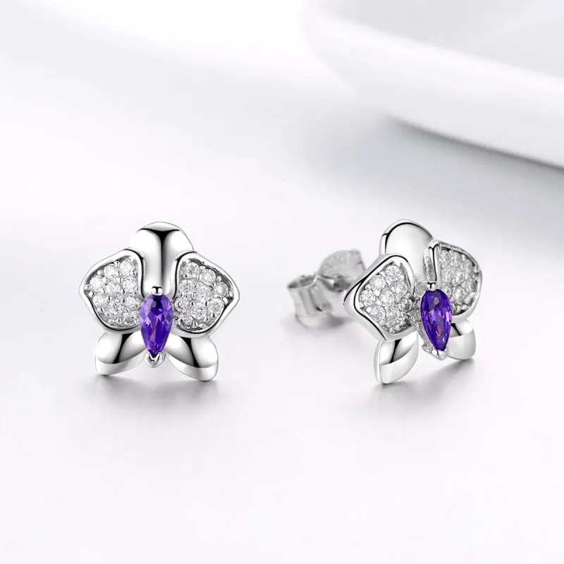 (image for) Pandora Style Silver Stud Earrings, Butterfly Orchid - BSE036 - View 3