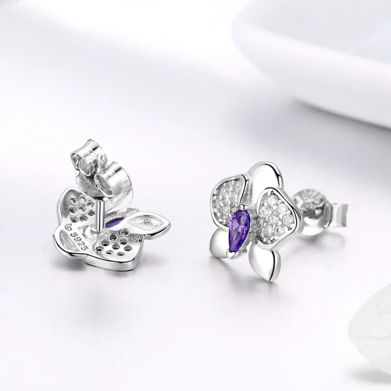 (image for) Pandora Style Silver Stud Earrings, Butterfly Orchid - BSE036 - View 4