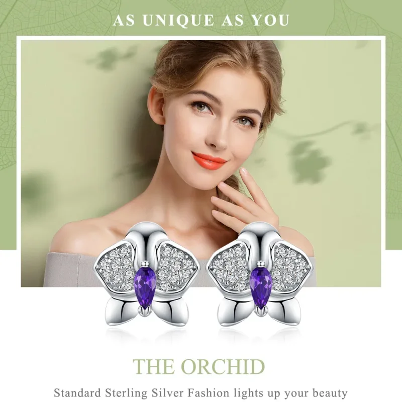 (image for) Pandora Style Silver Stud Earrings, Butterfly Orchid - BSE036 - View 6