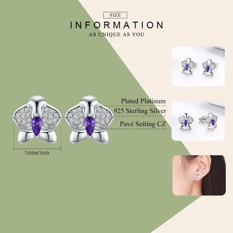 (image for) Pandora Style Silver Stud Earrings, Butterfly Orchid - BSE036 - View 7