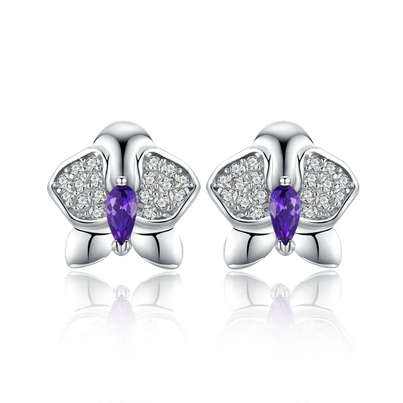 (image for) Pandora Style Silver Stud Earrings, Butterfly Orchid - BSE036 - Product Image