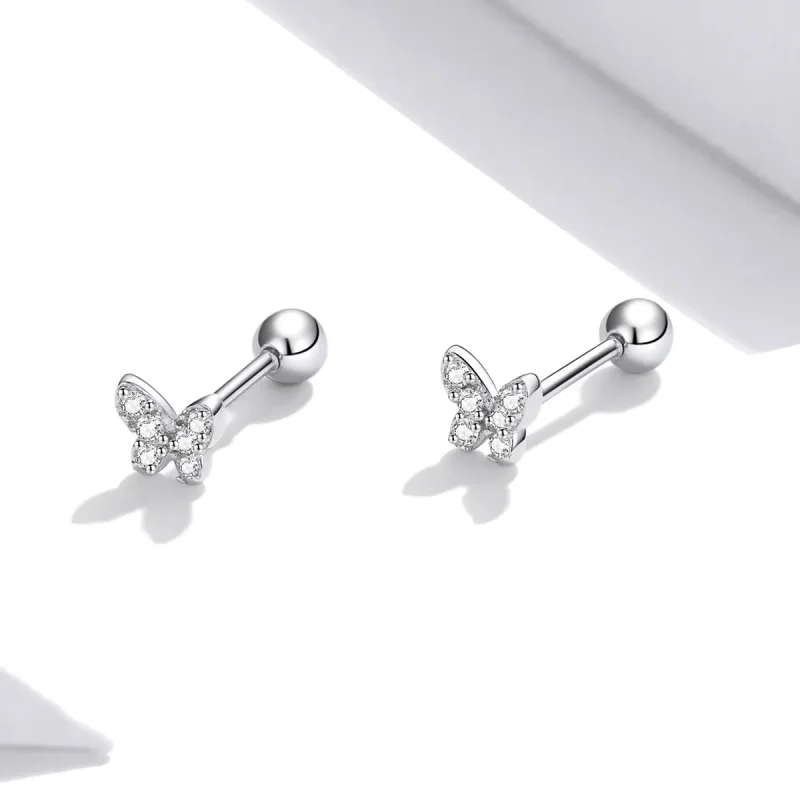 (image for) Pandora Style Silver Stud Earrings, Butterfly - SCE1116 - View 4