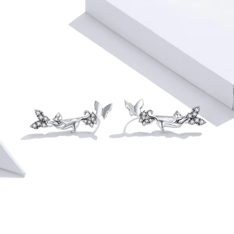 (image for) Pandora Style Silver Stud Earrings, Cat & Butterflies - SCE961 - View 2