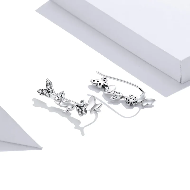 (image for) Pandora Style Silver Stud Earrings, Cat & Butterflies - SCE961 - View 4