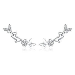 (image for) Pandora Style Silver Stud Earrings, Cat & Butterflies - SCE961