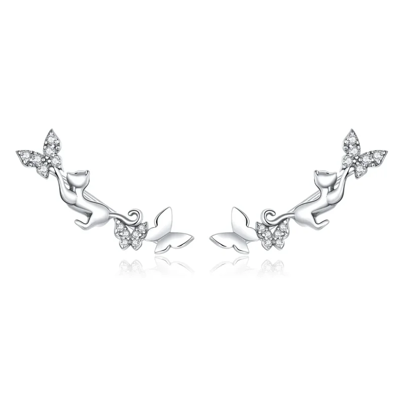 (image for) Pandora Style Silver Stud Earrings, Cat & Butterflies - SCE961 - Product Image