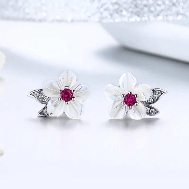 (image for) Pandora Style Silver Stud Earrings, Cherry Blossom - BSE055 - View 2