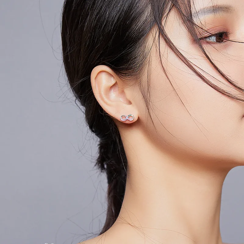 (image for) Pandora Style Silver Stud Earrings, Colorful Symbol of Infinity - SCE893 - View 5