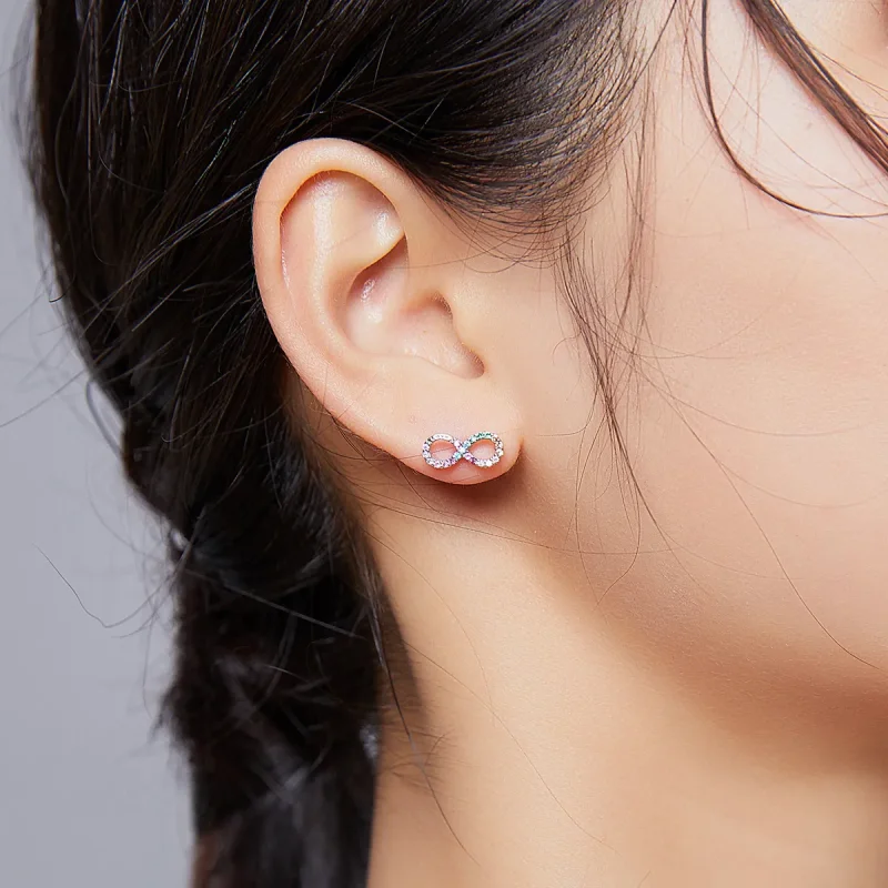 (image for) Pandora Style Silver Stud Earrings, Colorful Symbol of Infinity - SCE893 - View 7