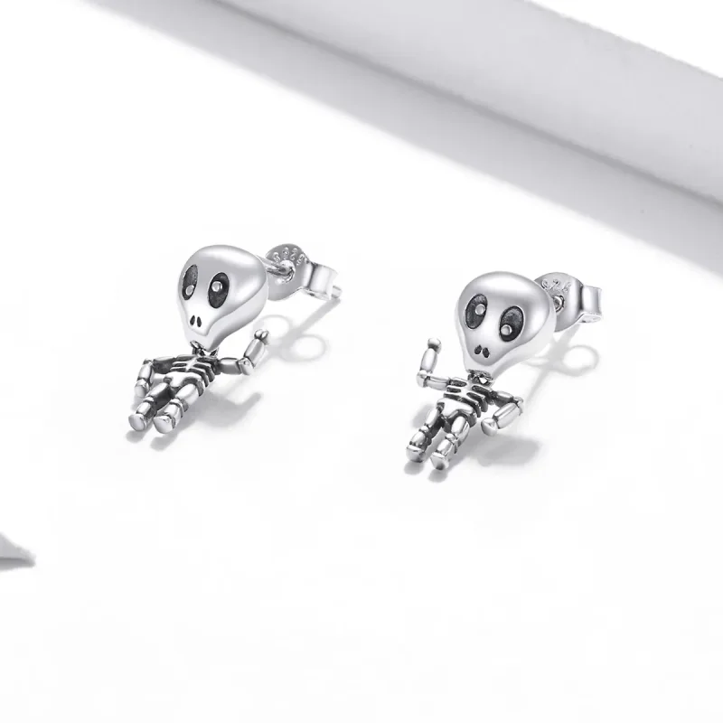 (image for) Pandora Style Silver Stud Earrings, Cool Skeleton - SCE1110 - View 2