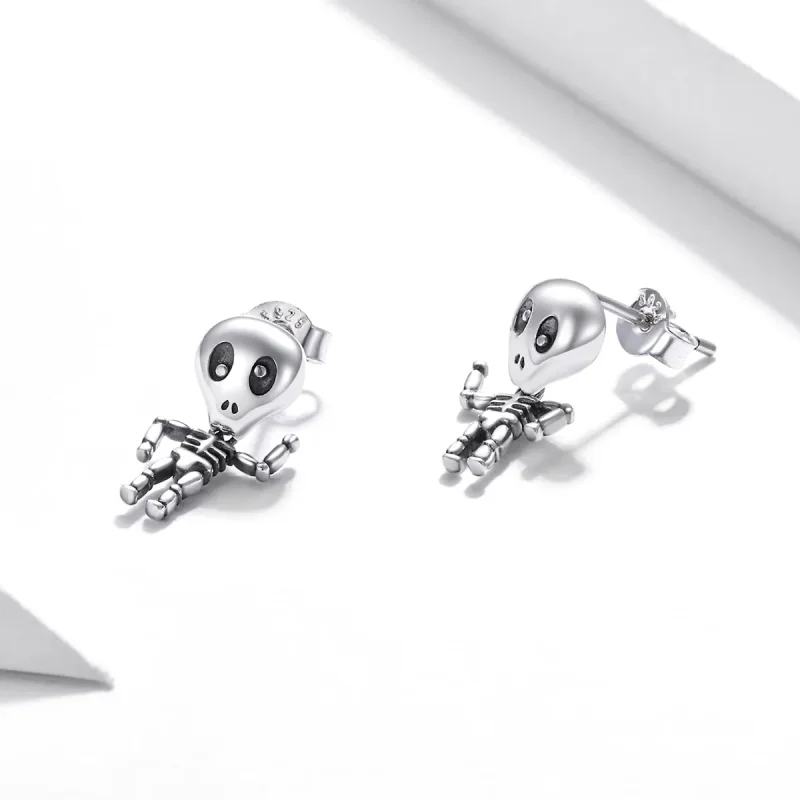 (image for) Pandora Style Silver Stud Earrings, Cool Skeleton - SCE1110 - View 3