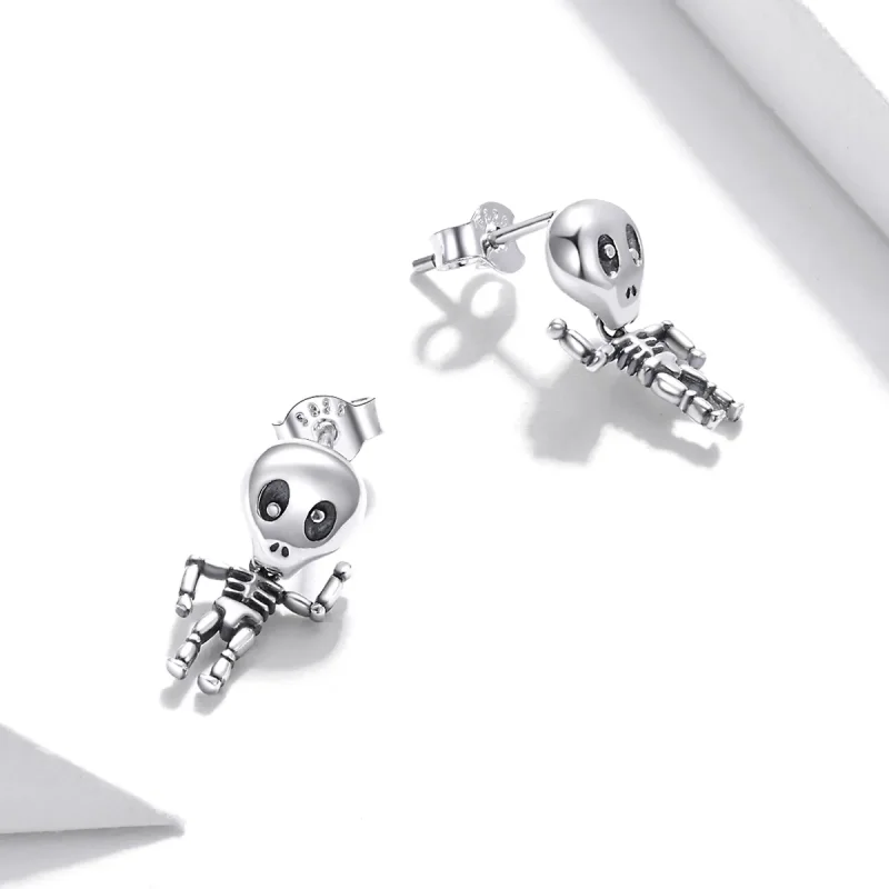 (image for) Pandora Style Silver Stud Earrings, Cool Skeleton - SCE1110 - View 4