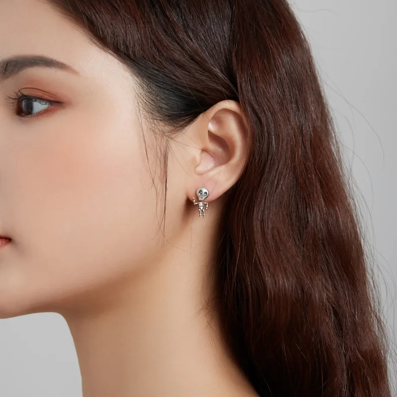 (image for) Pandora Style Silver Stud Earrings, Cool Skeleton - SCE1110 - View 6