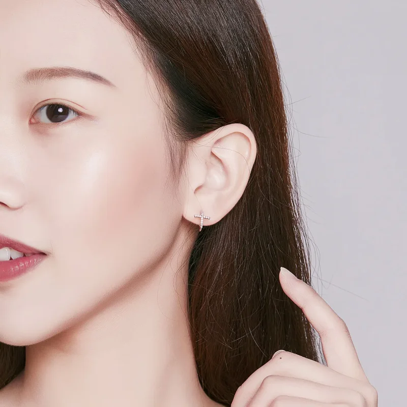 (image for) Pandora Style Silver Stud Earrings, Crossing - SCE755 - View 5