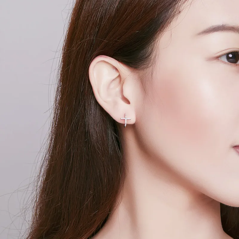 (image for) Pandora Style Silver Stud Earrings, Crossing - SCE755 - View 6