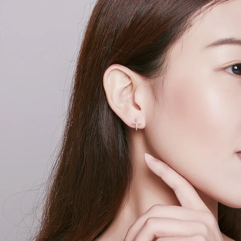 (image for) Pandora Style Silver Stud Earrings, Crossing - SCE755 - View 7