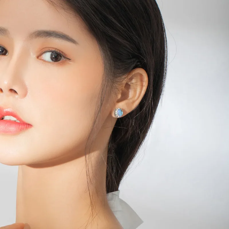 (image for) Pandora Style Silver Stud Earrings, Crown Moonstone - SCE877 - View 5