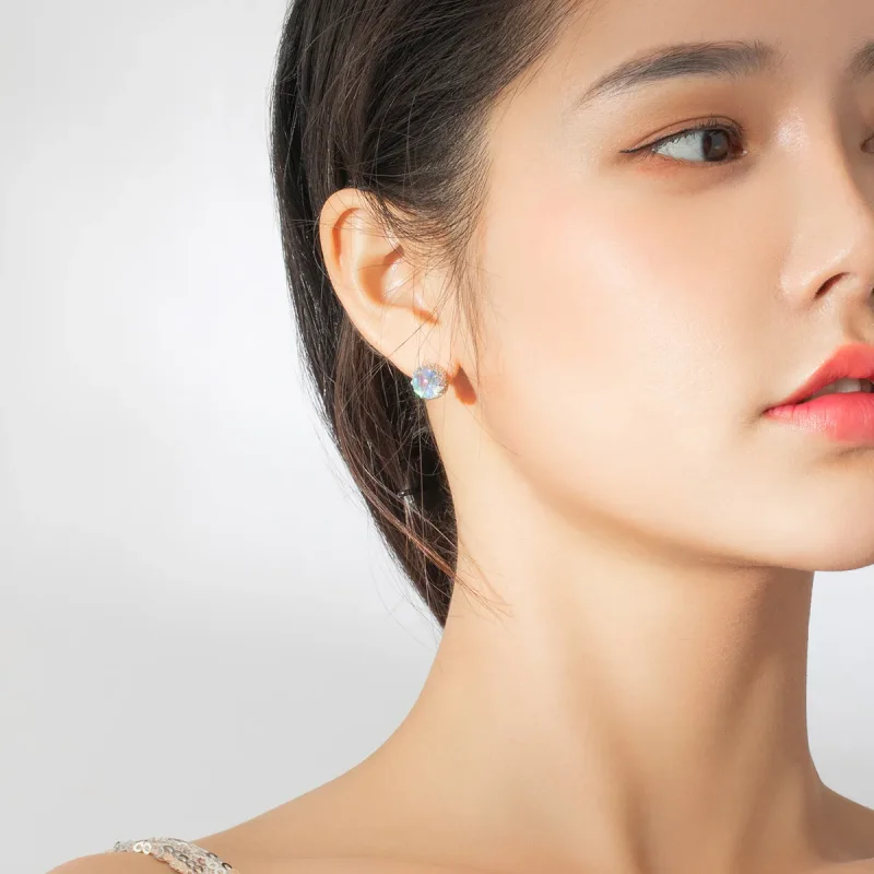 (image for) Pandora Style Silver Stud Earrings, Crown Moonstone - SCE877 - View 6