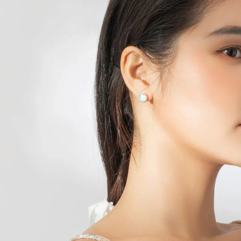 (image for) Pandora Style Silver Stud Earrings, Crown Moonstone - SCE877 - View 7